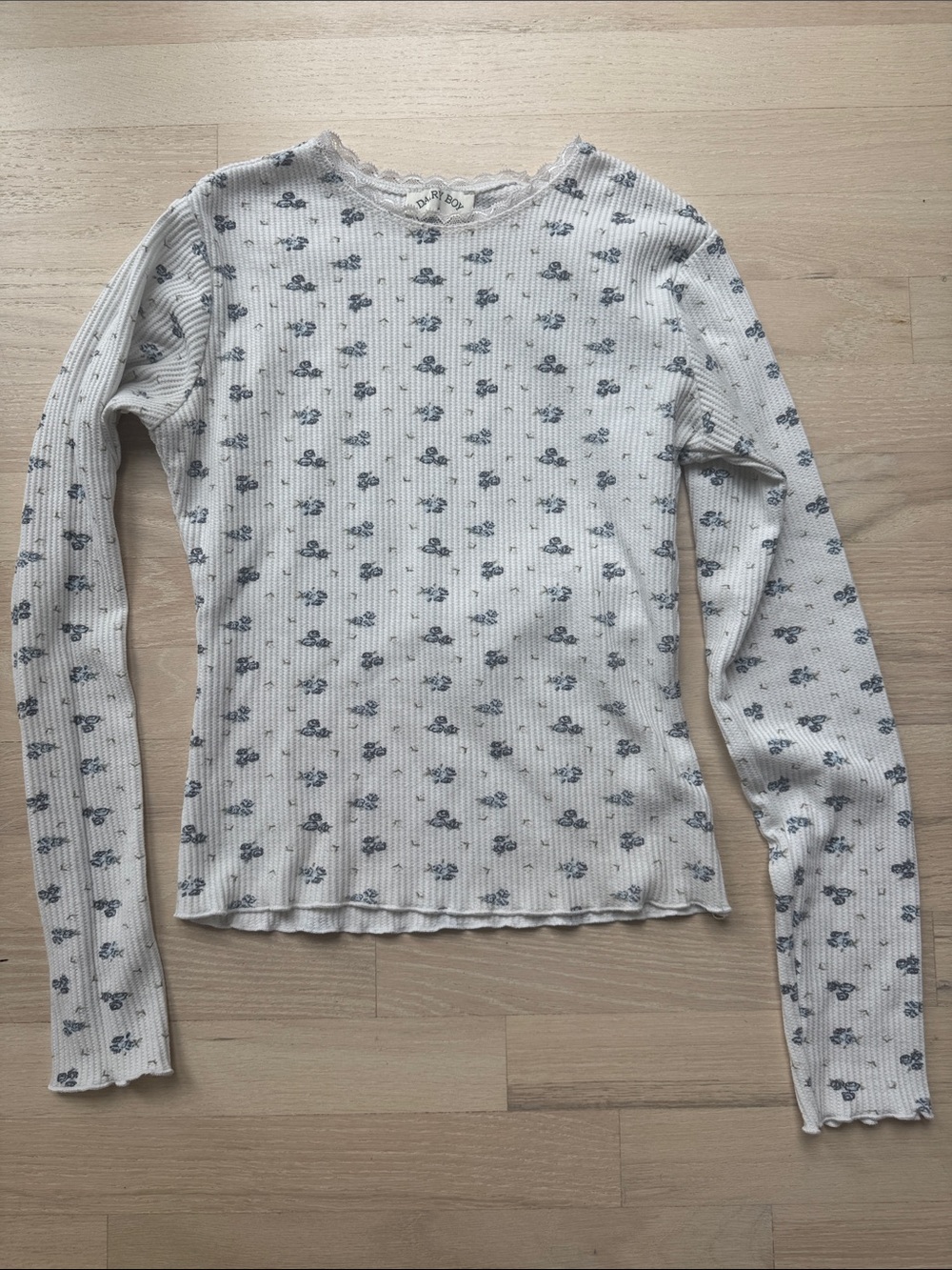 NWOT Dairy Boy L/S Waffle Knit Top, ivory/blue/green, small